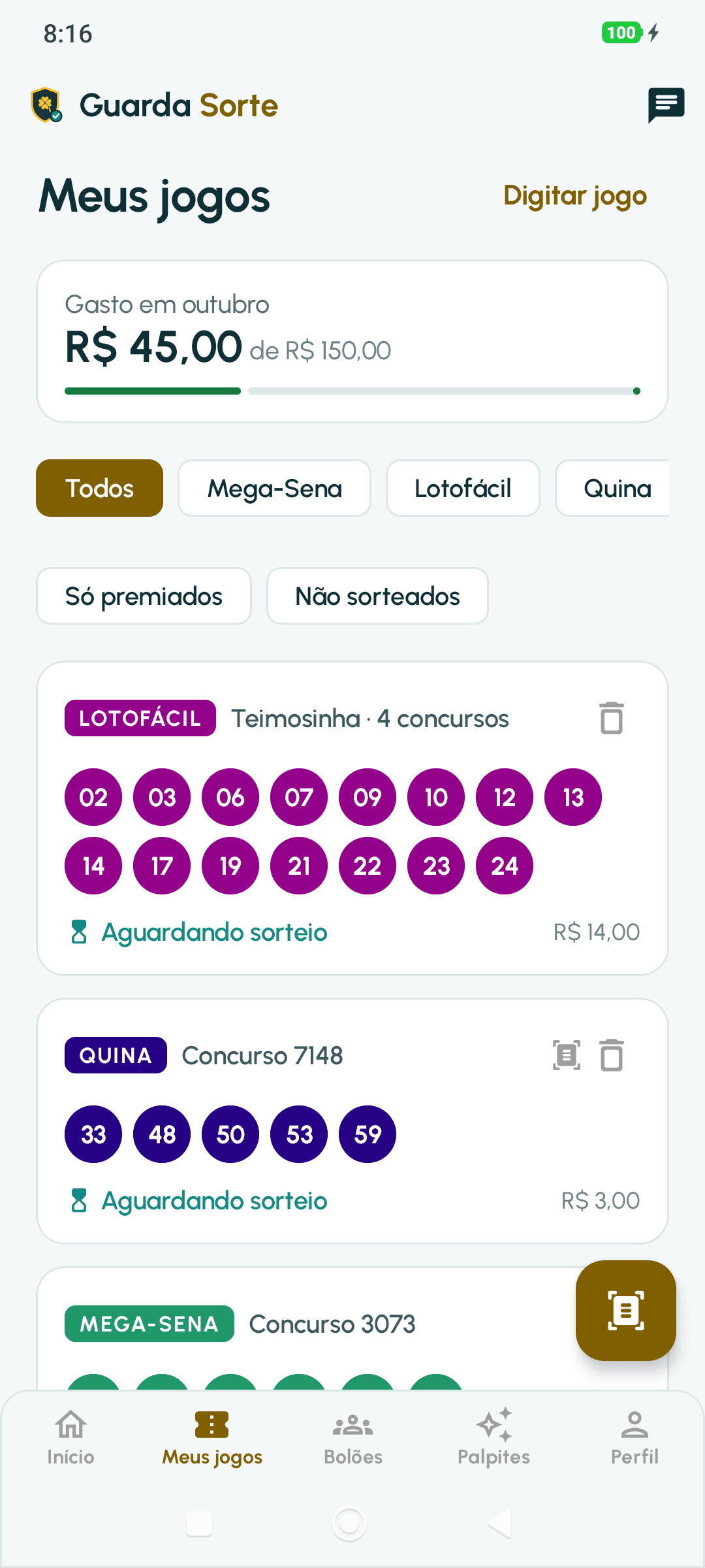 Tela Meus jogos: gasto em outubro de R$ 45,00 de R$ 150,00, filtros por loteria e jogos aguardando sorteio, inclusive uma teimosinha de 4 concursos.