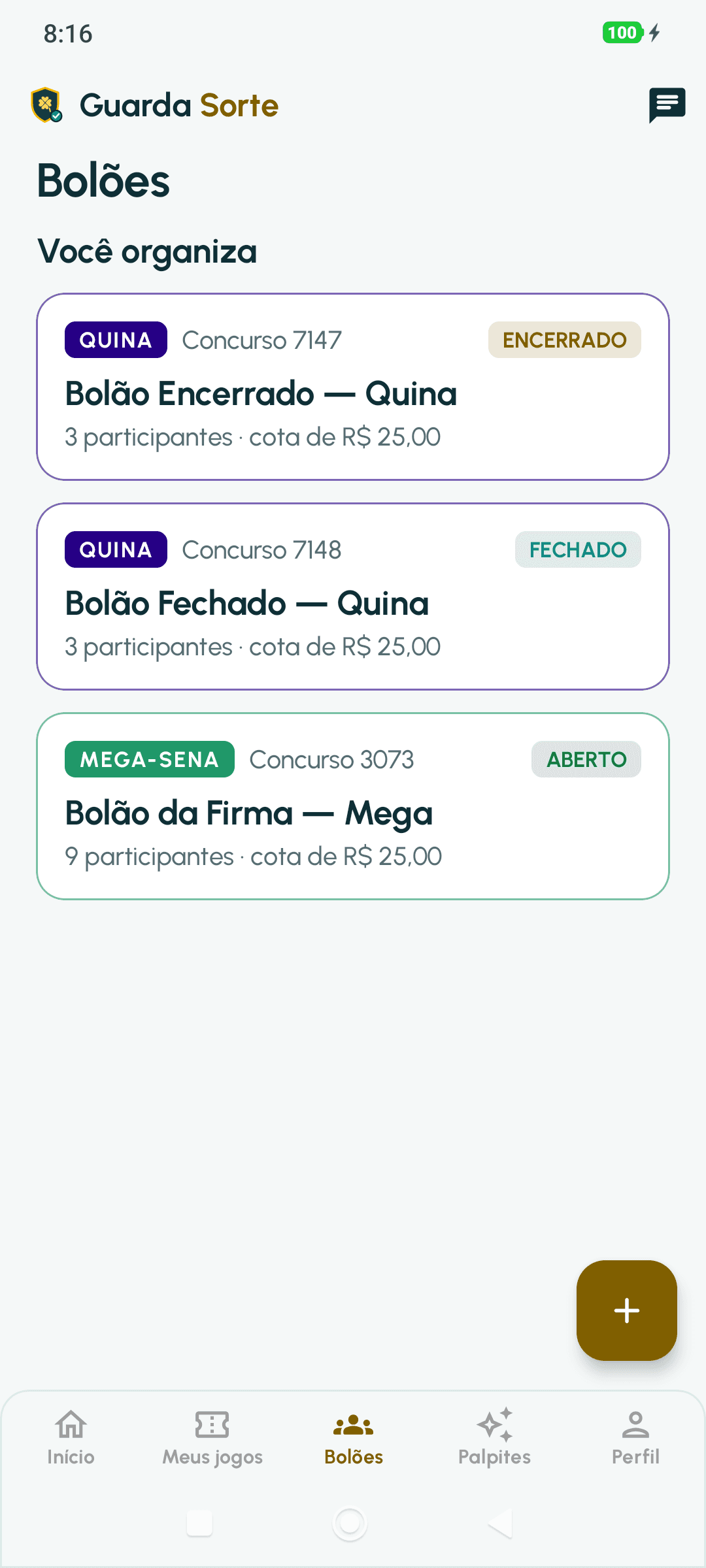 Aba Bolões: os bolões que você organiza, cada um com o estado (encerrado, fechado ou aberto), os participantes e o valor da cota.