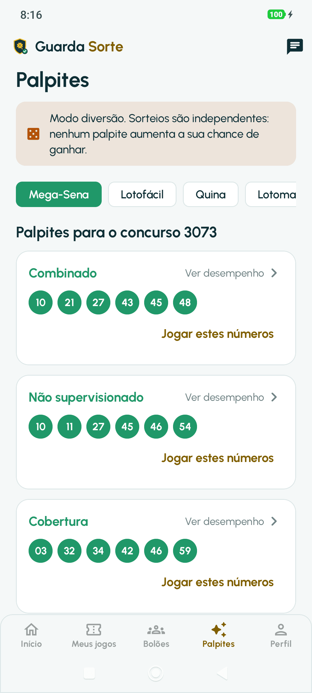 Aba Palpites (modo diversão): aviso de que nenhum palpite aumenta a chance e palpites por categoria para a Mega-Sena 3073.